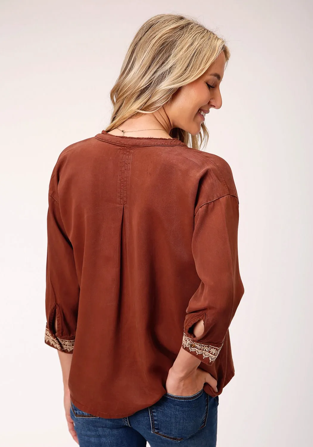 Stetson Womens Tobacco Denim Peasant 3/4 Sleeve Blouse Multi Functional Pockets