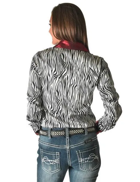 Cowgirl Tuff Womens Zebra Metallic Black/White Polyester L/S Shirt Checkered Look Modern Cut