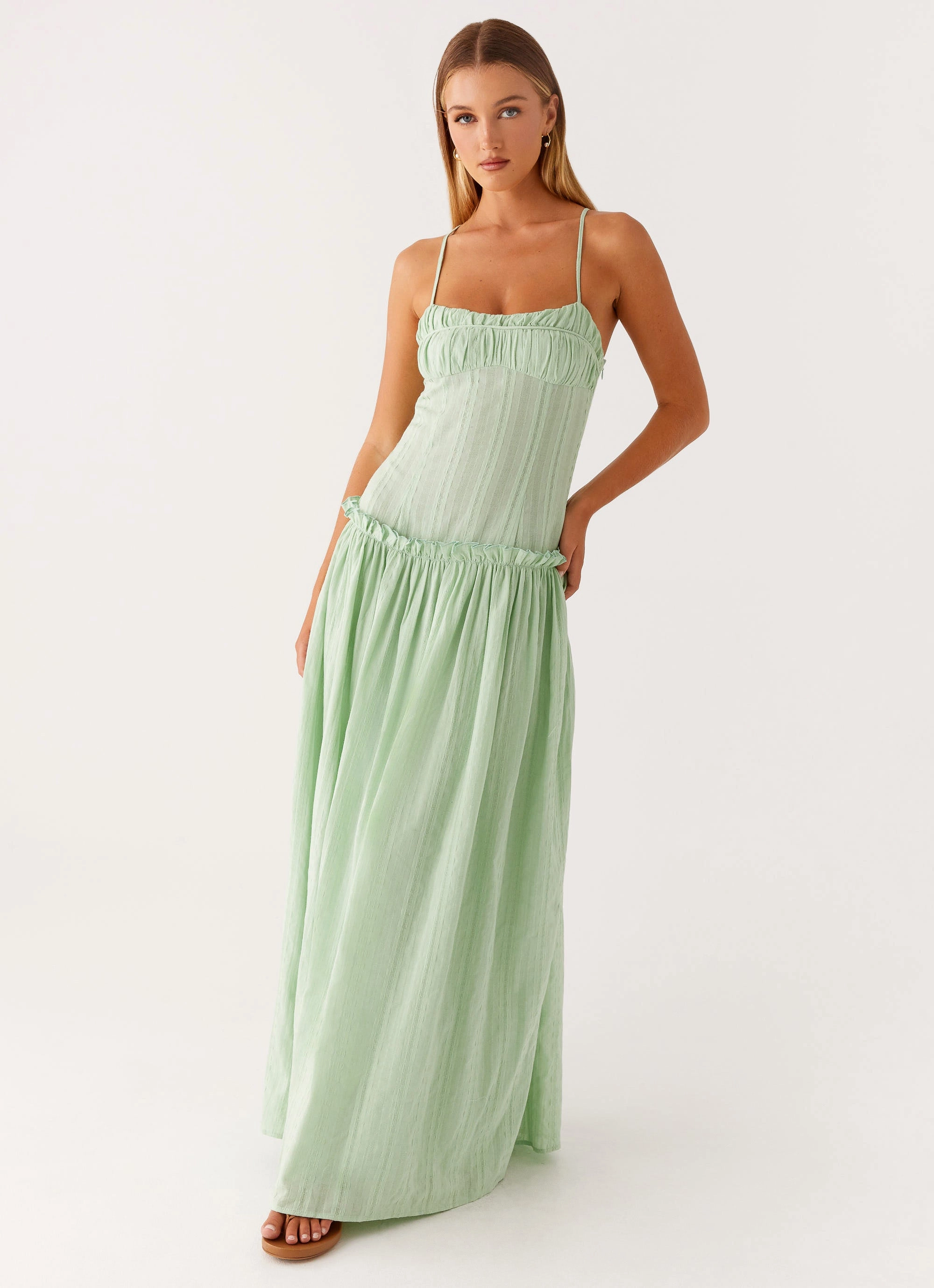 Jacinda Drop Waist Maxi Dress - Sage Sophisticated Waist Fit