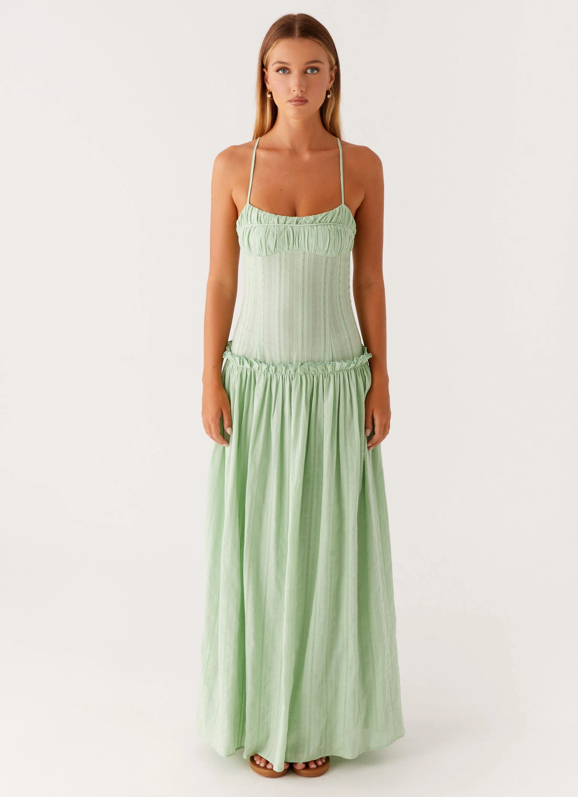 Jacinda Drop Waist Maxi Dress - Sage Feminine full-length gown Confident Mood