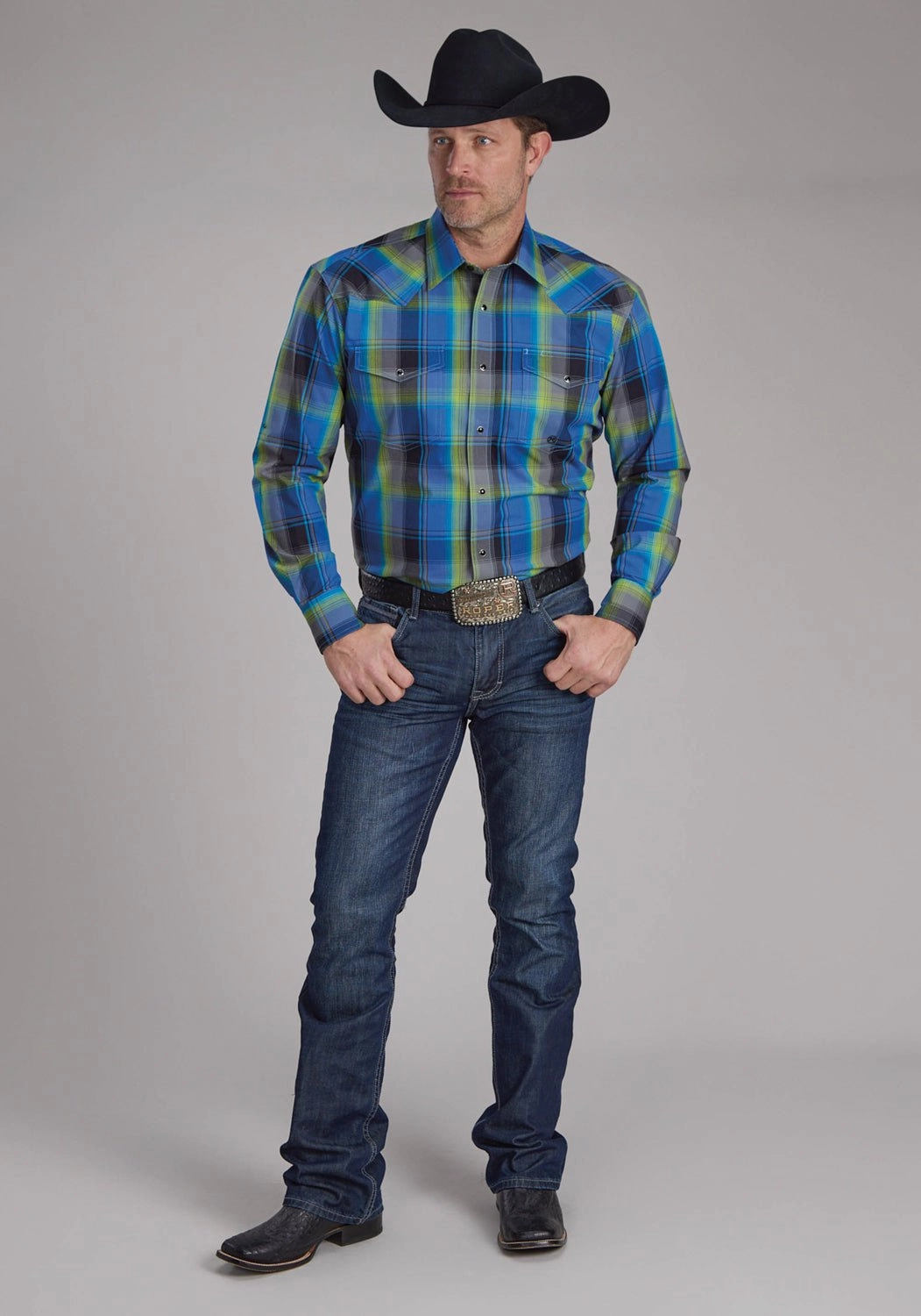 Contemporary Style No Bulk Layering System Roper Mens 2247 Cobalt Plaid Blue/Green 100% Cotton L/S Shirt
