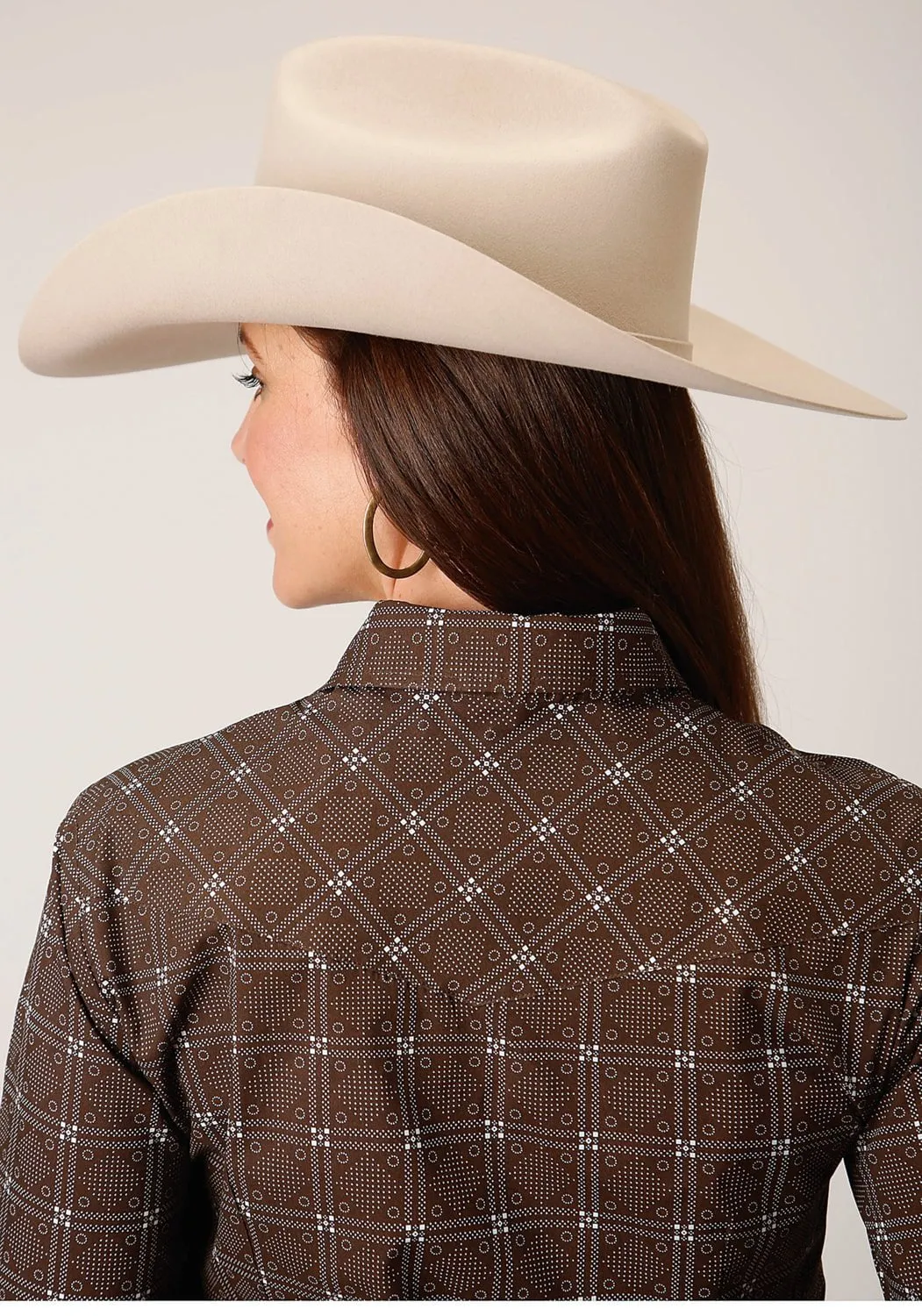 Roper Womens Retro Print Brown Cotton Blend L/S Shirt Wrinkle Resistant Finish