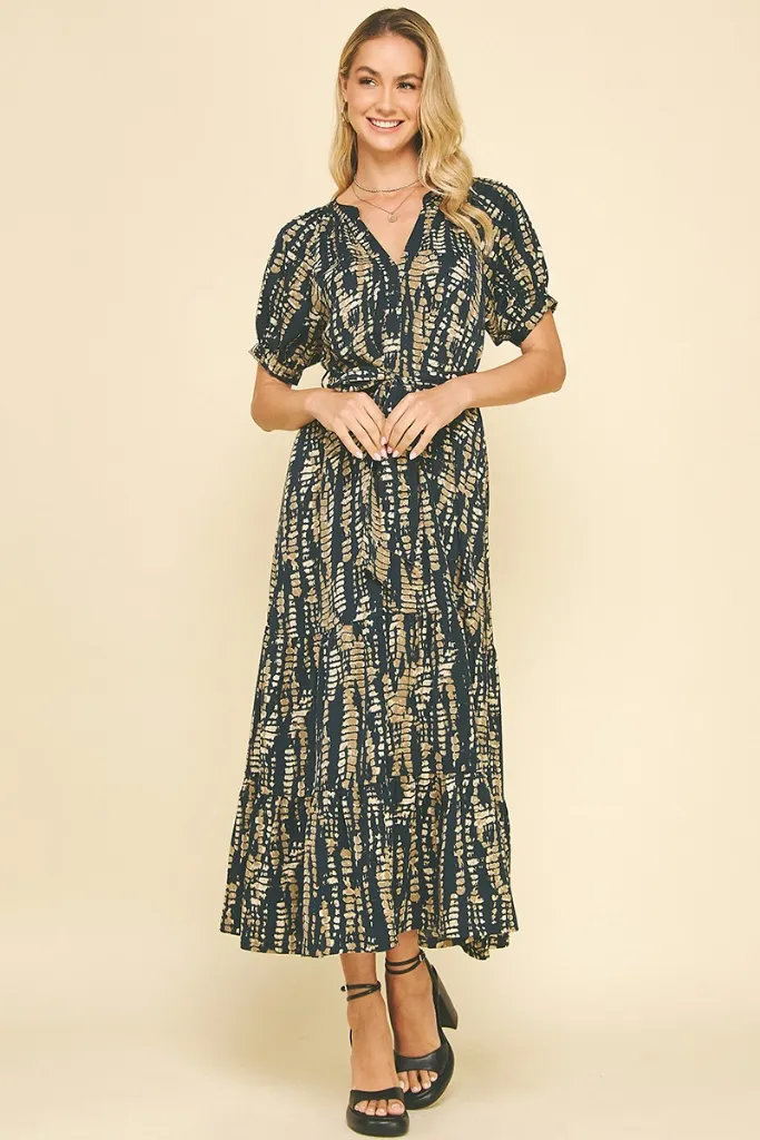 Daphne Printed Midi Dress in Navy Luxe Fit Soft Material
