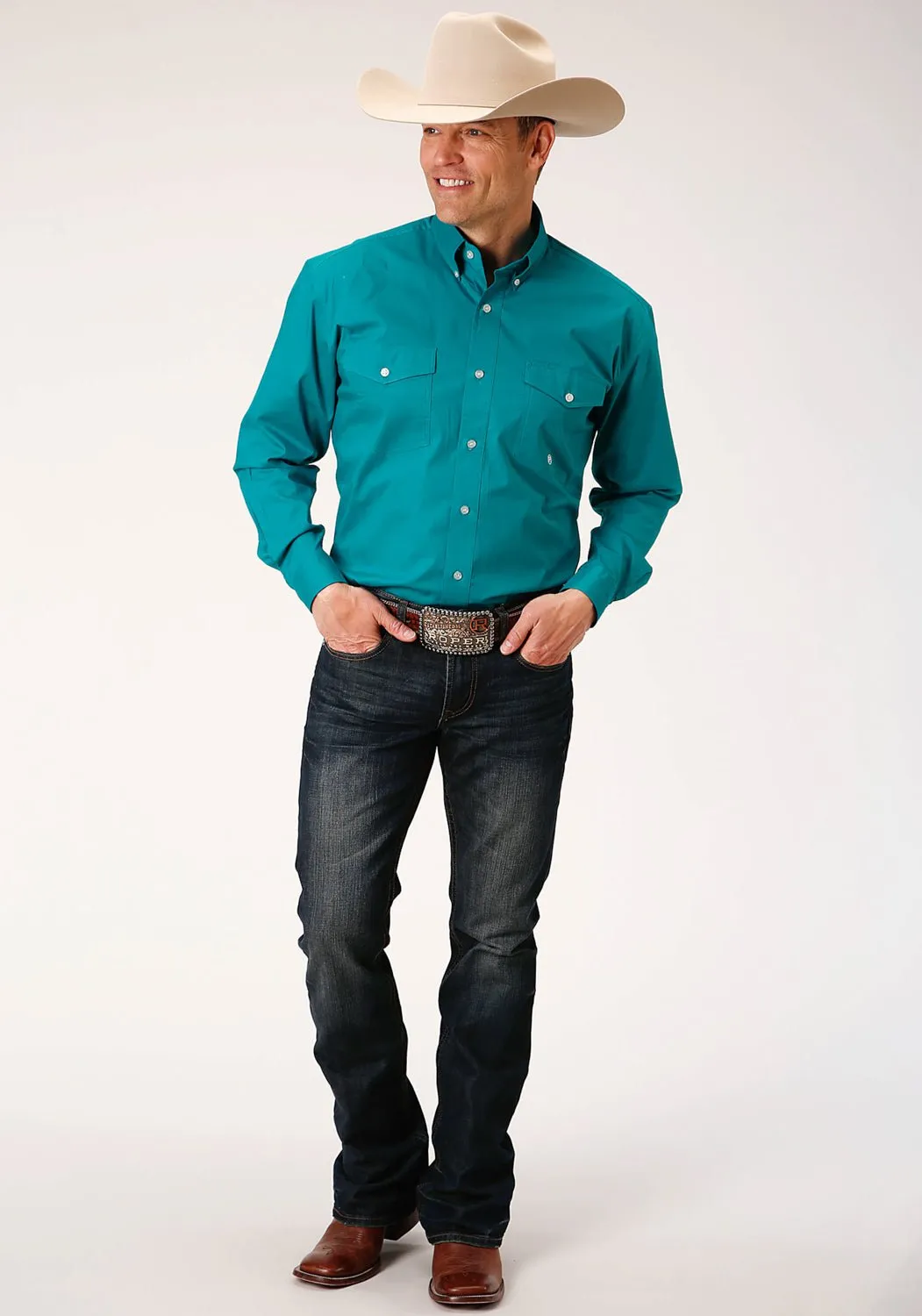 Picnic Outfit Roper Mens Turquoise Cotton Blend Poplin Stretch BD L/S Btn Shirt