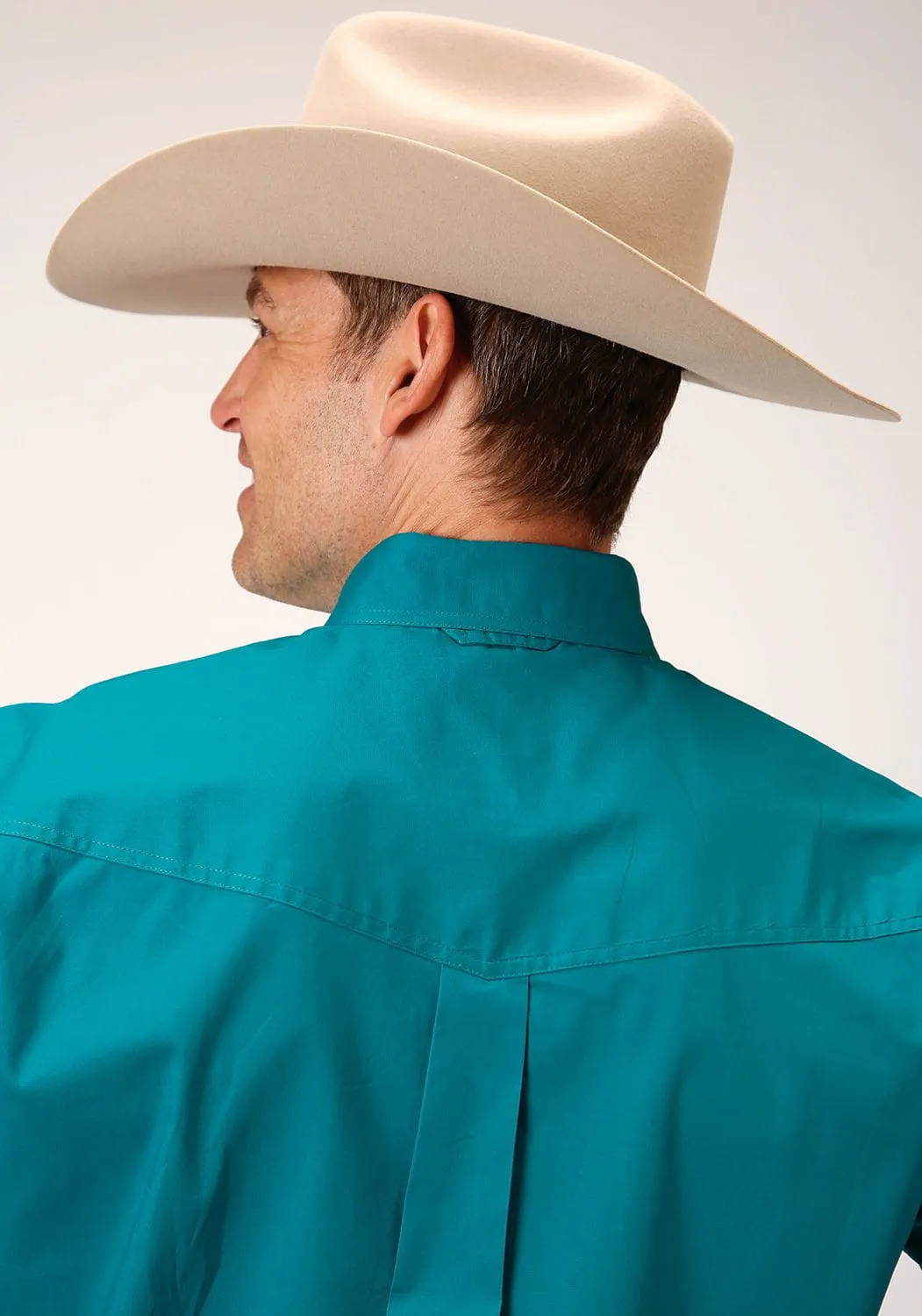 All Day Comfort Tech Smart Casual Roper Mens Turquoise Cotton Blend Poplin Stretch BD L/S Btn Shirt