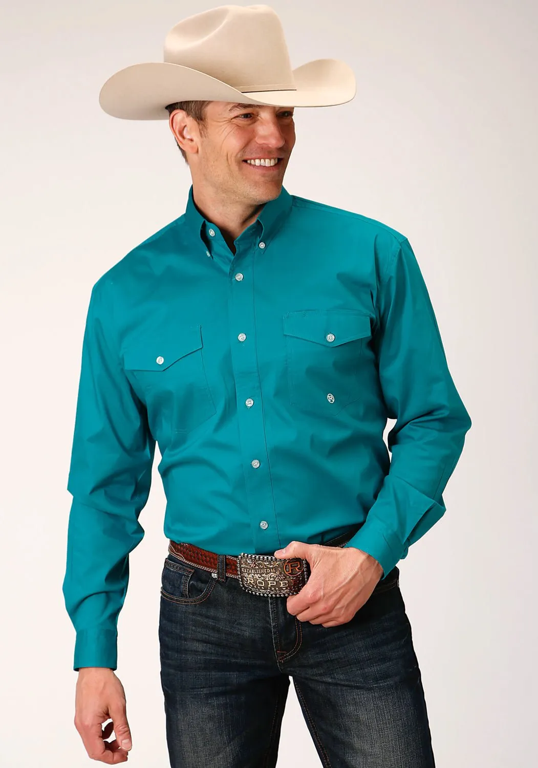 Roper Mens Turquoise Cotton Blend Poplin Stretch BD L/S Btn Shirt Comfortable Layer Comfort-First