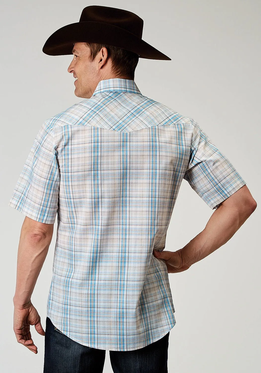 Roper Mens 1976 Multi Plaid Multi-Color Cotton Blend S/S Shirt Contrast Stitch Smooth Stitch Pattern