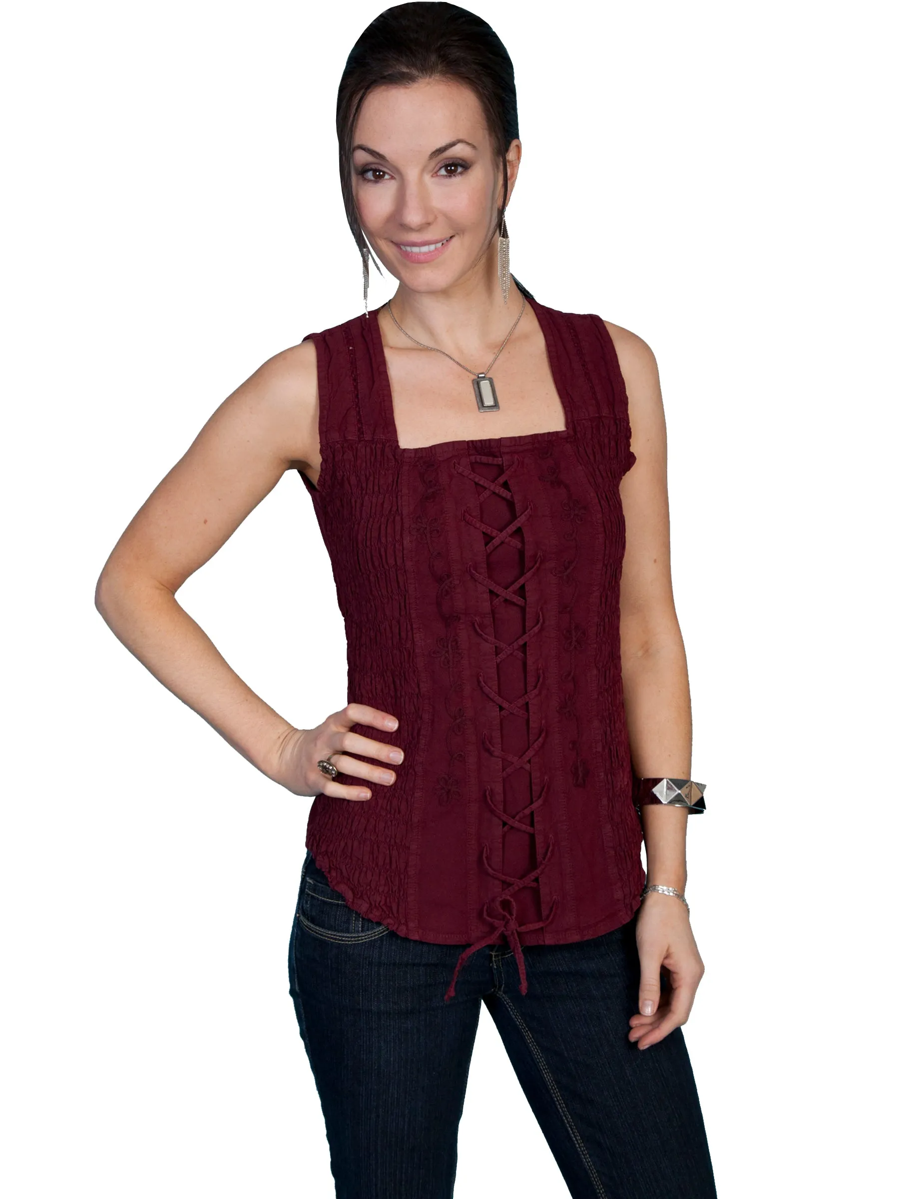 All-Weather Wear Scully Cantina Collection Tank Top Burgundy 100% Cotton Lace-Up Front