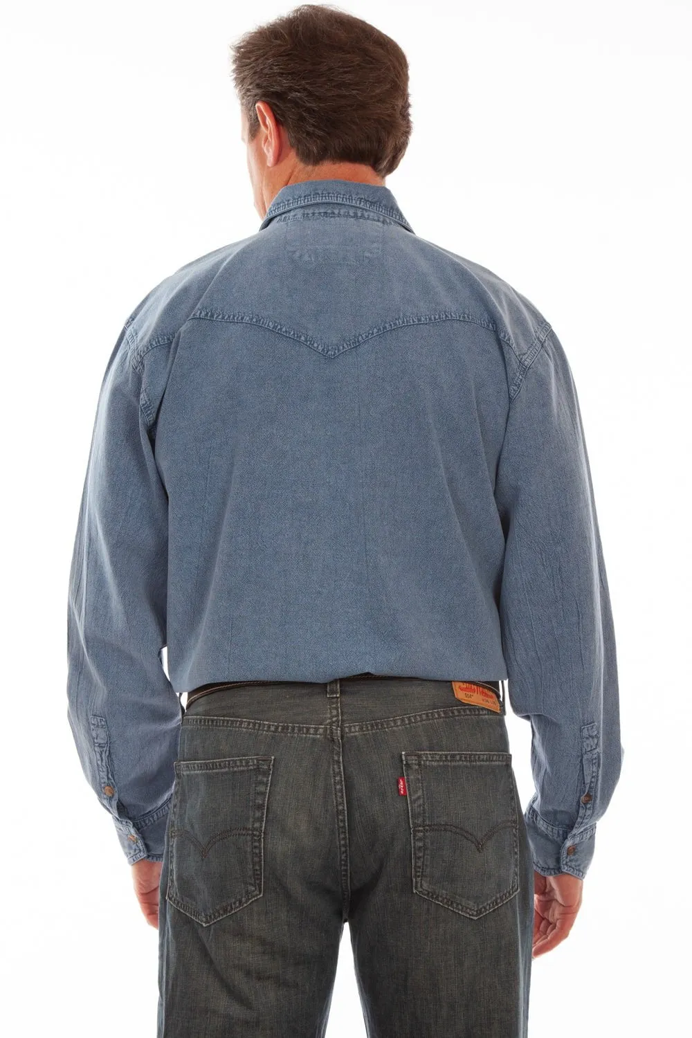 Scully Mens Lt Washed Denim 100% Cotton Western L/S Shirt Unique Design Vibrant color
