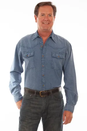 Warm Weather Wear Scully Mens Lt Washed Denim 100% Cotton Western L/S Shirt Tailored Silhouette gender-neutral Scully Mens Lt Washed Denim 100% Cotton Western L/S Shirt