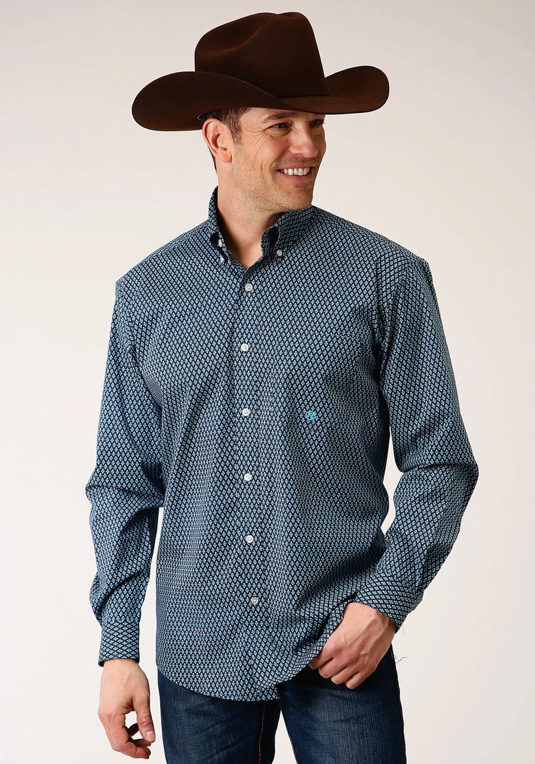 Roper Mens Diamond Neat Blue Cotton Blend L/S Shirt Tagless Labeling Double Stitched Seams