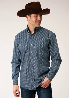 Warm Weather Wear Roper Mens Diamond Neat Blue Cotton Blend L/S Shirt Roper Mens Diamond Neat Blue Cotton Blend L/S Shirt Tagless Labeling Double Stitched Seams