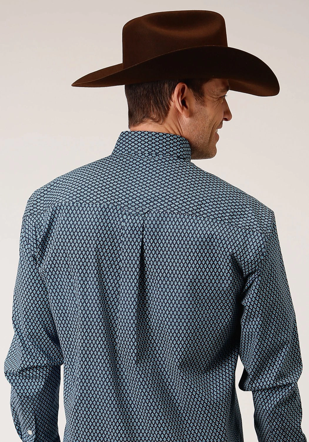Roper Mens Diamond Neat Blue Cotton Blend L/S Shirt Split hem Comfortable Fabric