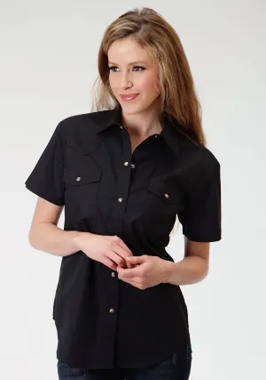 Washed Effect Roper Basics Ladies Black 100% Cotton Solid Poplin S/S Shirt Roper Basics Ladies Black 100% Cotton Solid Poplin S/S Shirt Dressy look