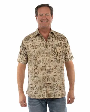 Washed Effect Scully Mens Batik Tiles Sand 100% Cotton S/S Shirt Easy Care Scully Mens Batik Tiles Sand 100% Cotton S/S Shirt