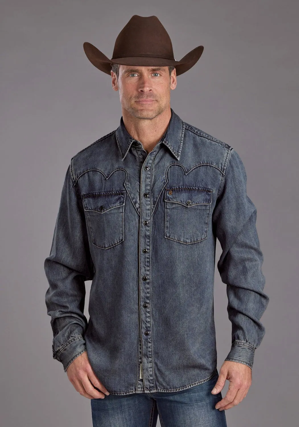 Roomy Cut Stetson Mens Octagon Snaps Western Blue Lyocell L/S Shirt