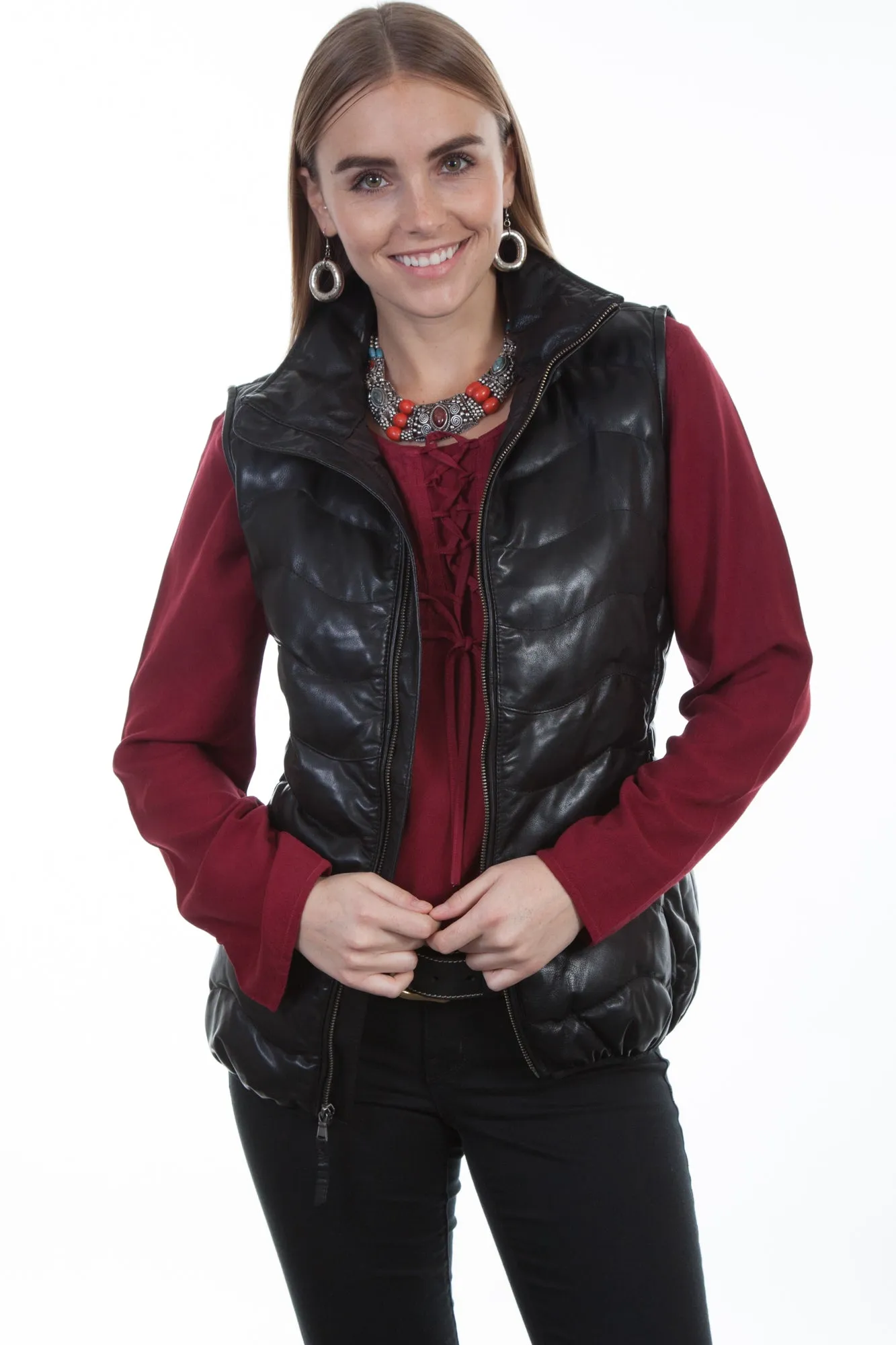 Button Fly Option Scully Womens Black Soft Lamb Puffer Vest
