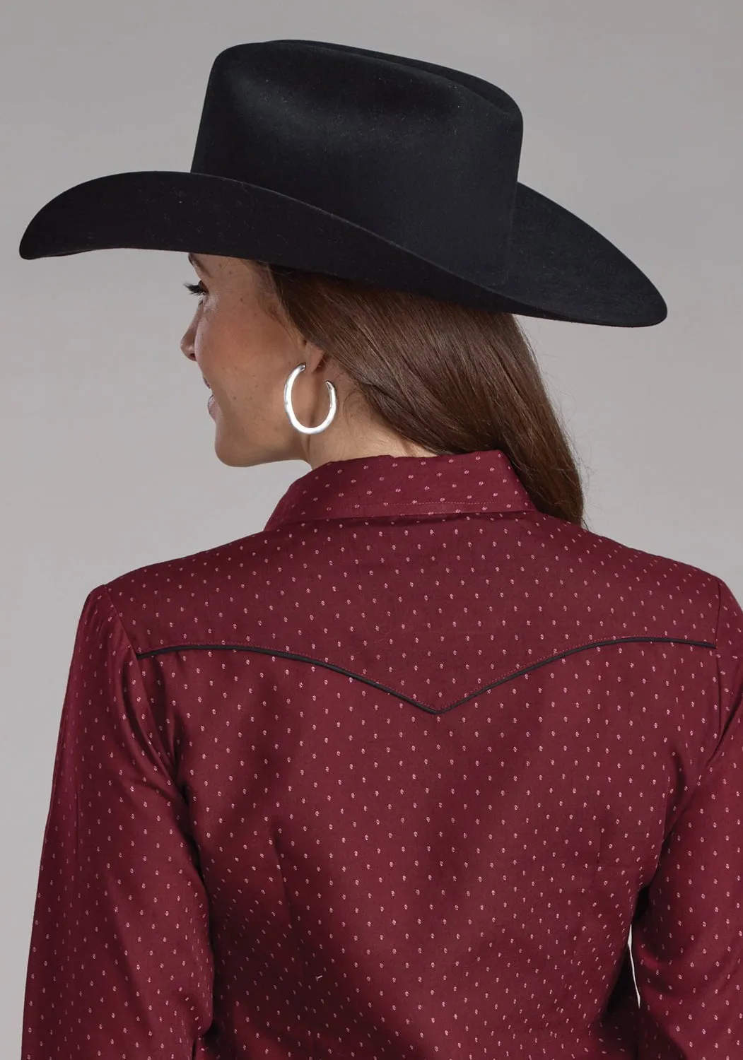 Bold Graphics Multi Layer Stitching Roper Womens 2287 Dot Print Wine Poly/Cotton L/S Shirt