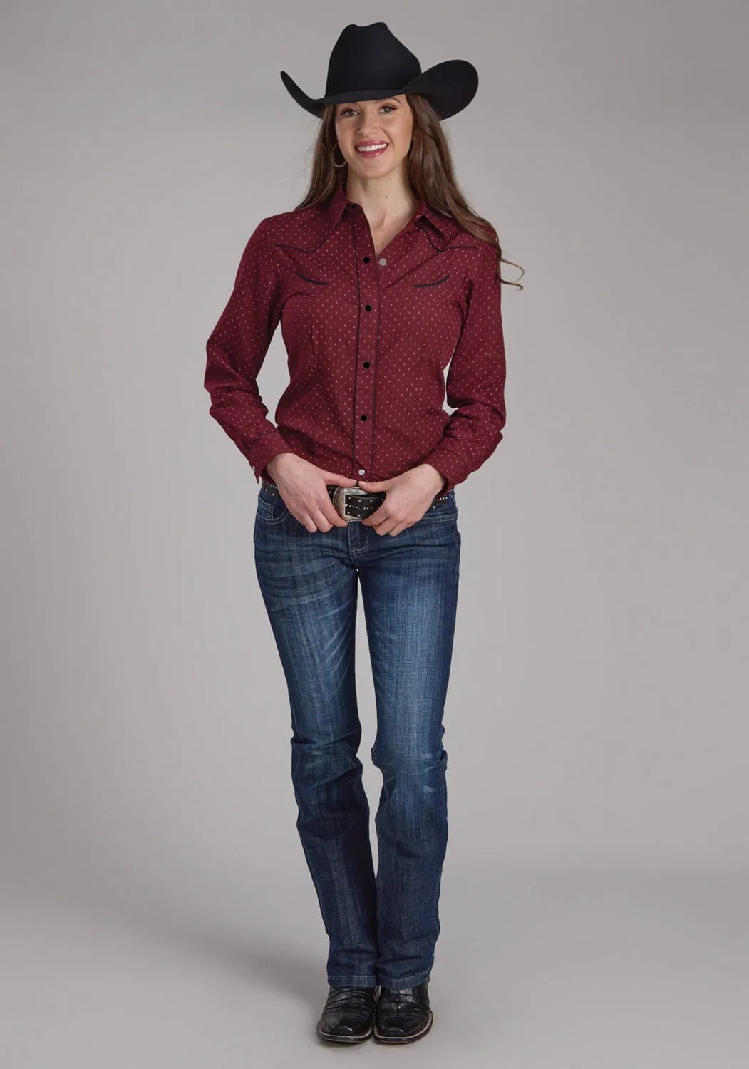 Roper Womens 2287 Dot Print Wine Poly/Cotton L/S Shirt No Bulk Layering System