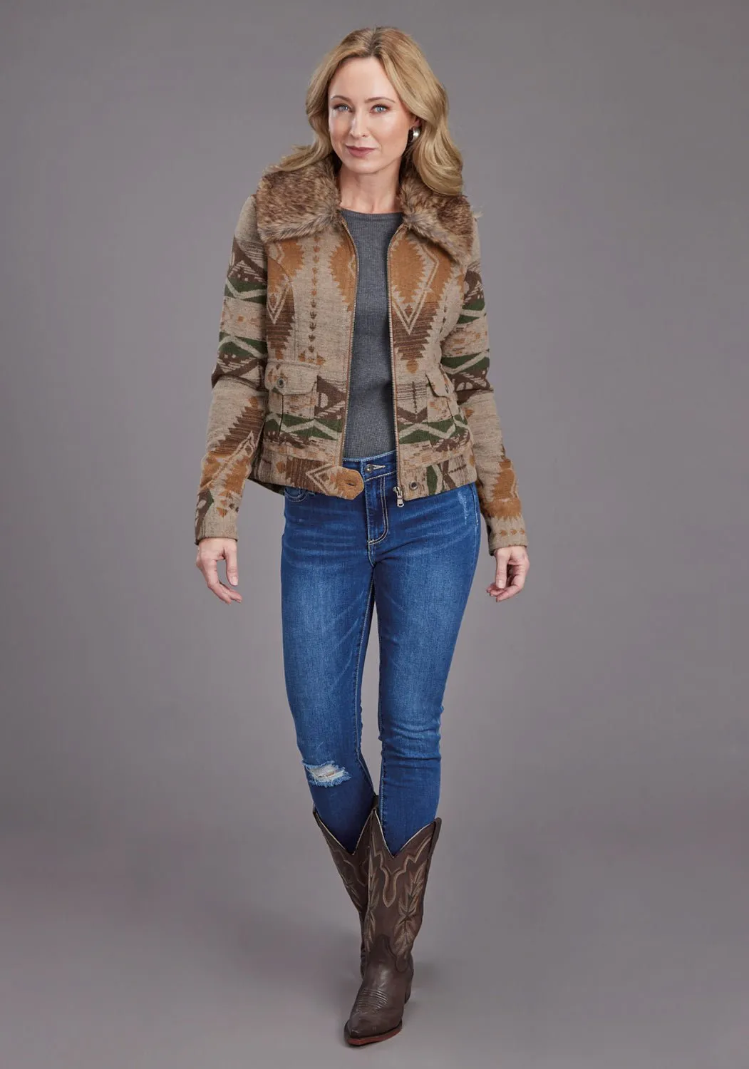 Stetson Womens Multi Aztec Fur Brown Poly/Wool Wool Jacket Everyday Basic