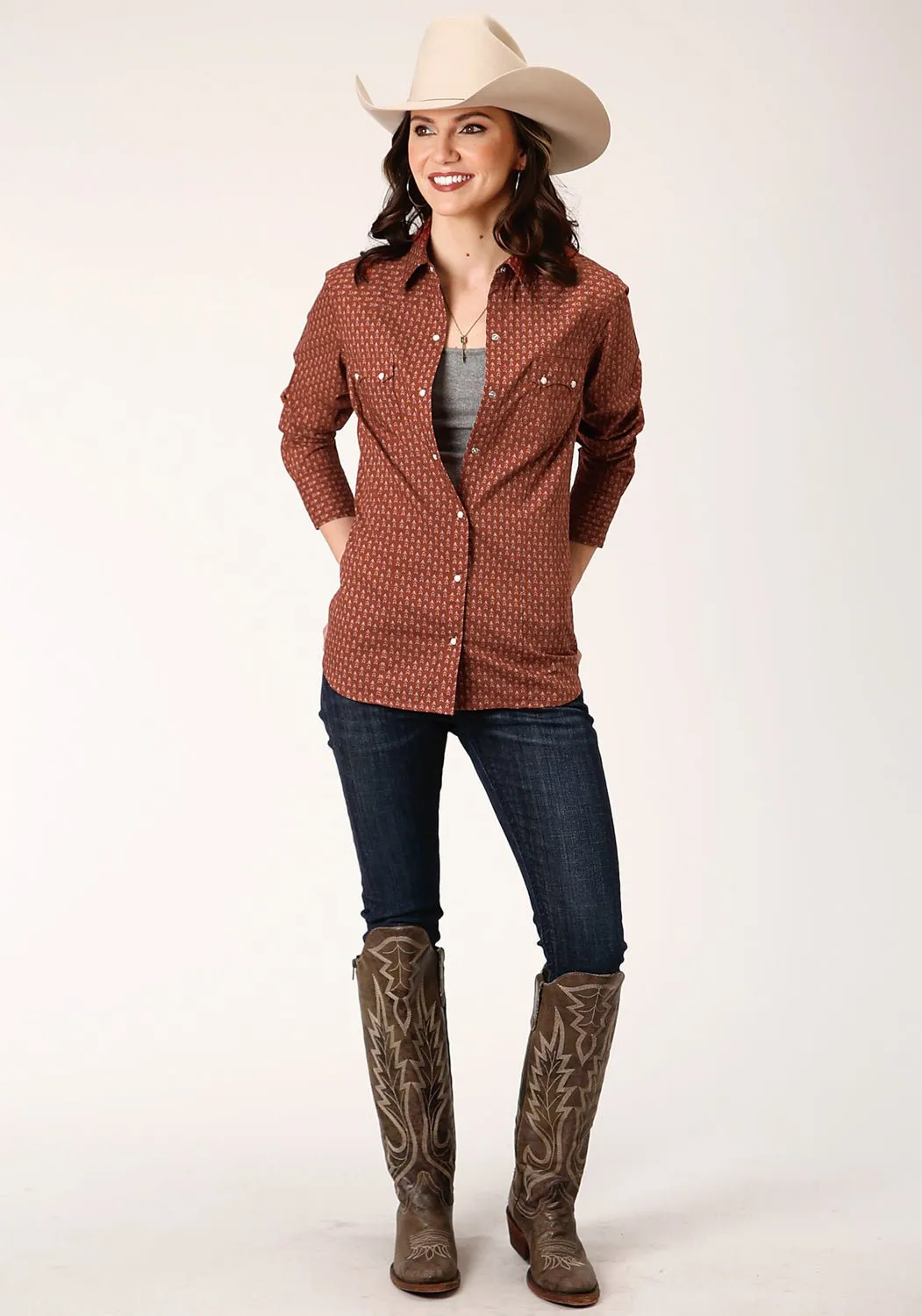 Daytime Look Trend Setter Vintage Lover Roper Womens Brown 100% Cotton Arrow Geo L/S Shirt