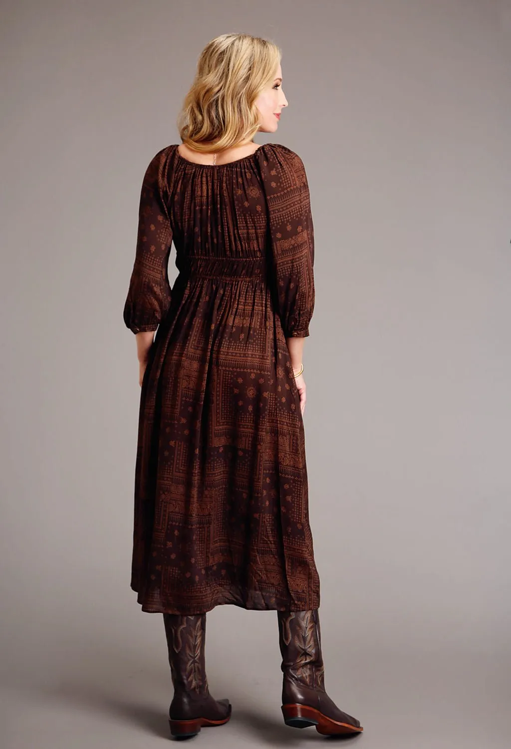Stetson Womens Patchwork Bandana Brown 100% Rayon L/S Dress Breathable Work Meeting Relaxed Style