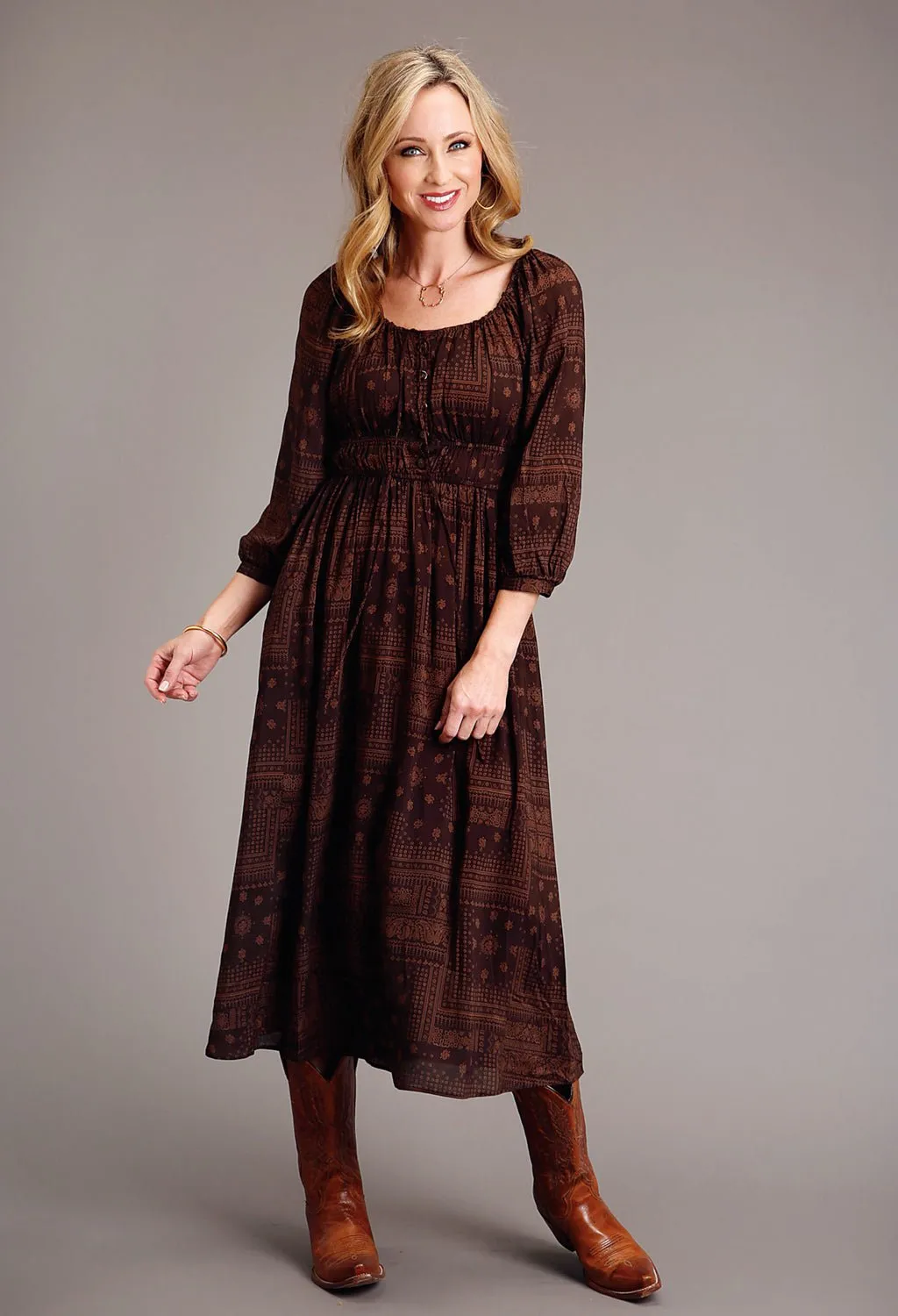 Stetson Womens Patchwork Bandana Brown 100% Rayon L/S Dress Go-To Garment Everyday Loose