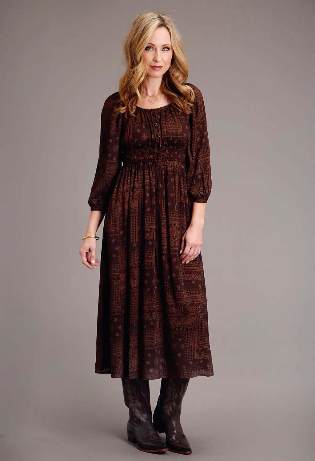 Tailored Fit Style Statement Stetson Womens Patchwork Bandana Brown 100% Rayon L/S Dress