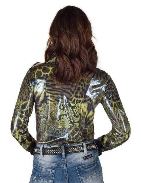 Social Meetup Cowgirl Tuff Womens Shiny Animal Green Polyester L/S Shirt