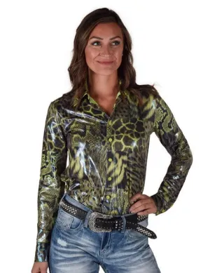 Wear resistant Cowgirl Tuff Womens Shiny Animal Green Polyester L/S Shirt Chambray Fabric Polka Dot Cowgirl Tuff Womens Shiny Animal Green Polyester L/S Shirt