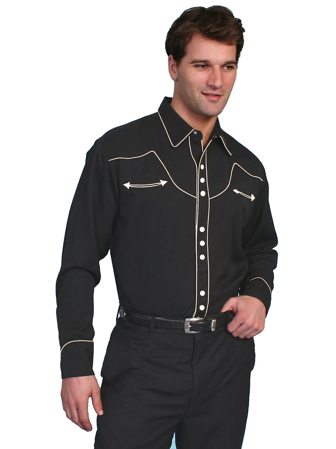 Neutral Tones Scully Mens Black Cream Polyester Western Piping L/S Shirt