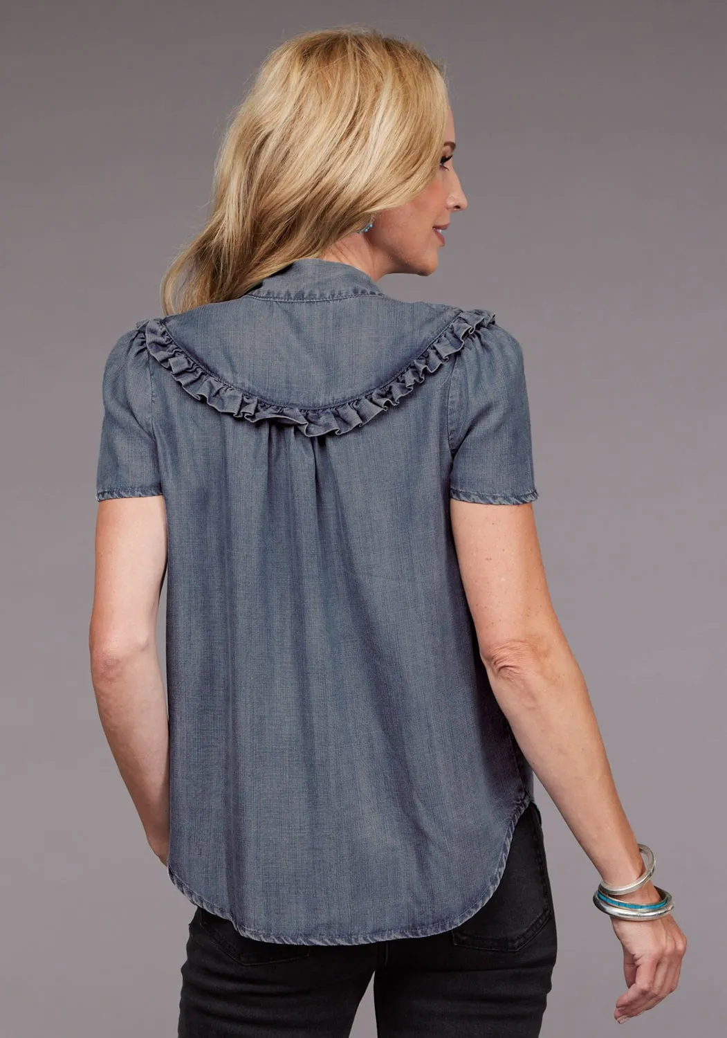 Stetson Womens Ruffled Yokes Blue Lyocell S/S Blouse Tagless Design