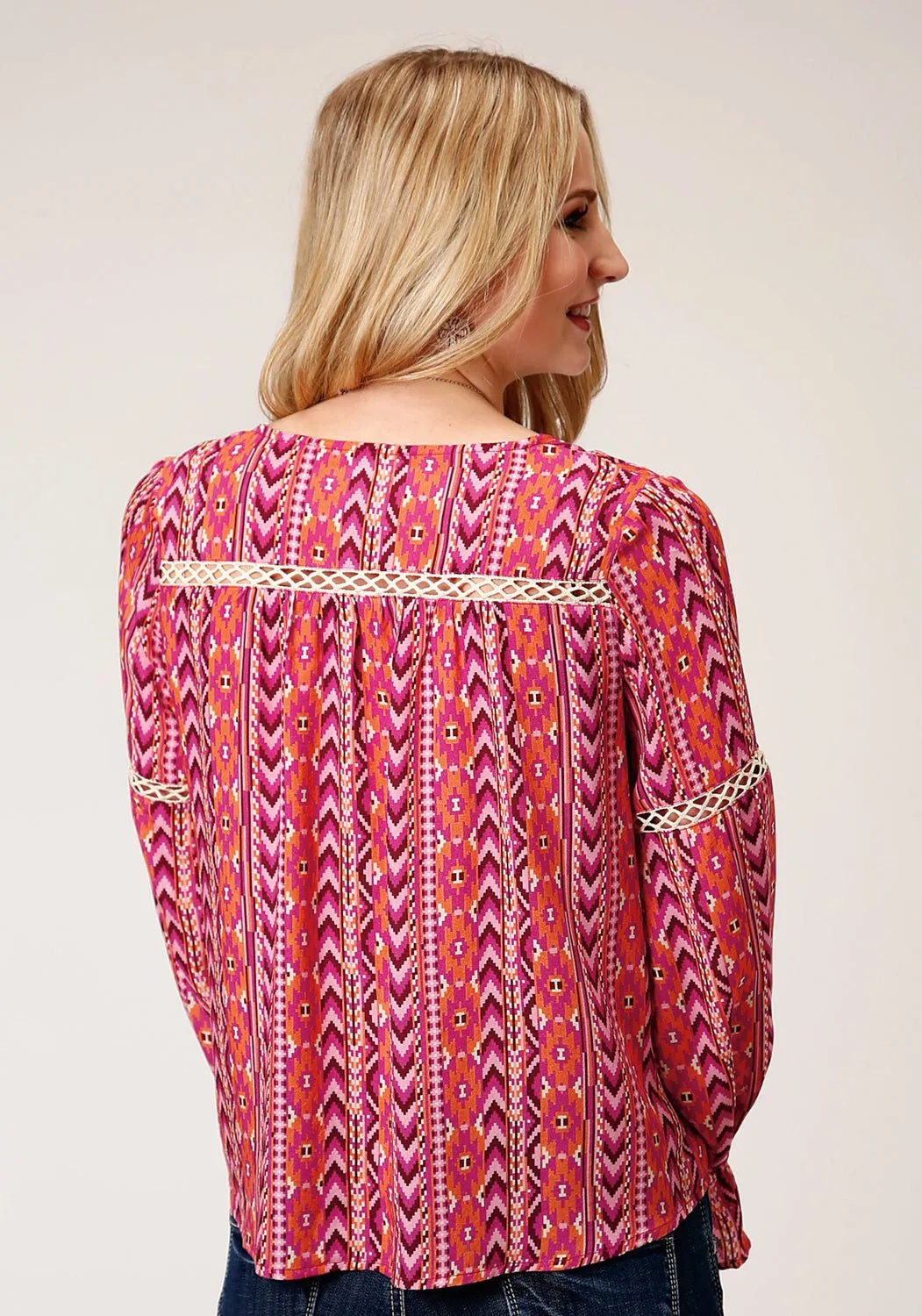 Casual Friday Elegant Casual Wide Leg Silhouette Roper Womens Multi-Color Rayon/Nylon Aztec Print L/S Blouse