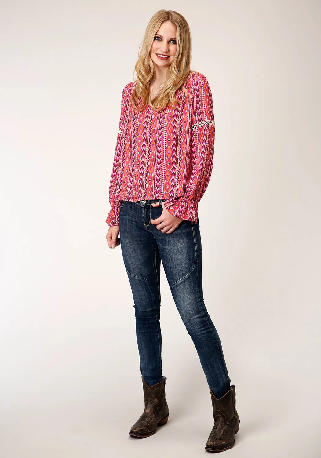 Roper Womens Multi-Color Rayon/Nylon Aztec Print L/S Blouse Unisex Wear Premium Date Night Casual Friday