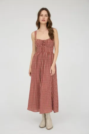 Weekend Ready Penelope Plaid Corset Front Tie Sleeveless Midi Dress Penelope Plaid Corset Front Tie Sleeveless Midi Dress Refined Presence Tiered Skirt