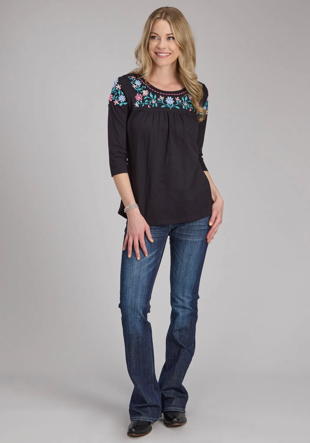 Sophisticated Elegance Breathable Material Roper Womens Turquoise Flowers Black 100% Cotton 3/4 Sleeve S/S Blouse