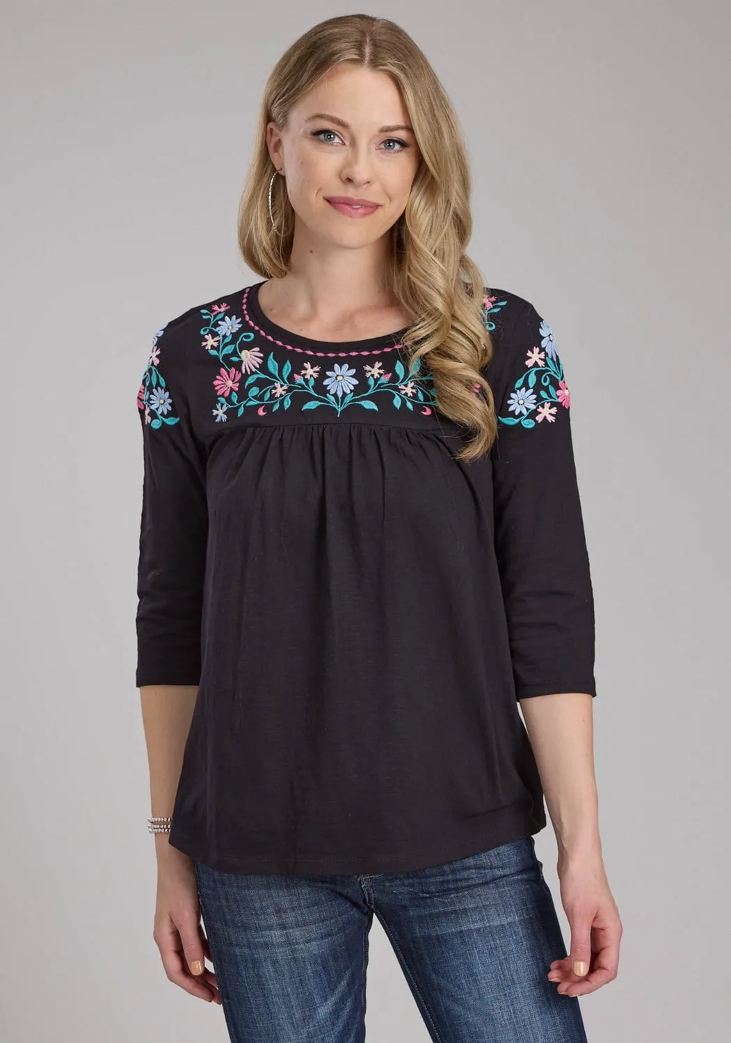 Autumn Look Hypoallergenic Lining Roper Womens Turquoise Flowers Black 100% Cotton 3/4 Sleeve S/S Blouse
