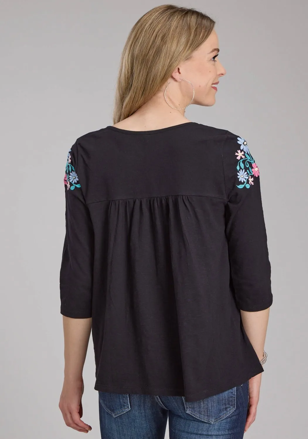 Low Maintenance Roper Womens Turquoise Flowers Black 100% Cotton 3/4 Sleeve S/S Blouse