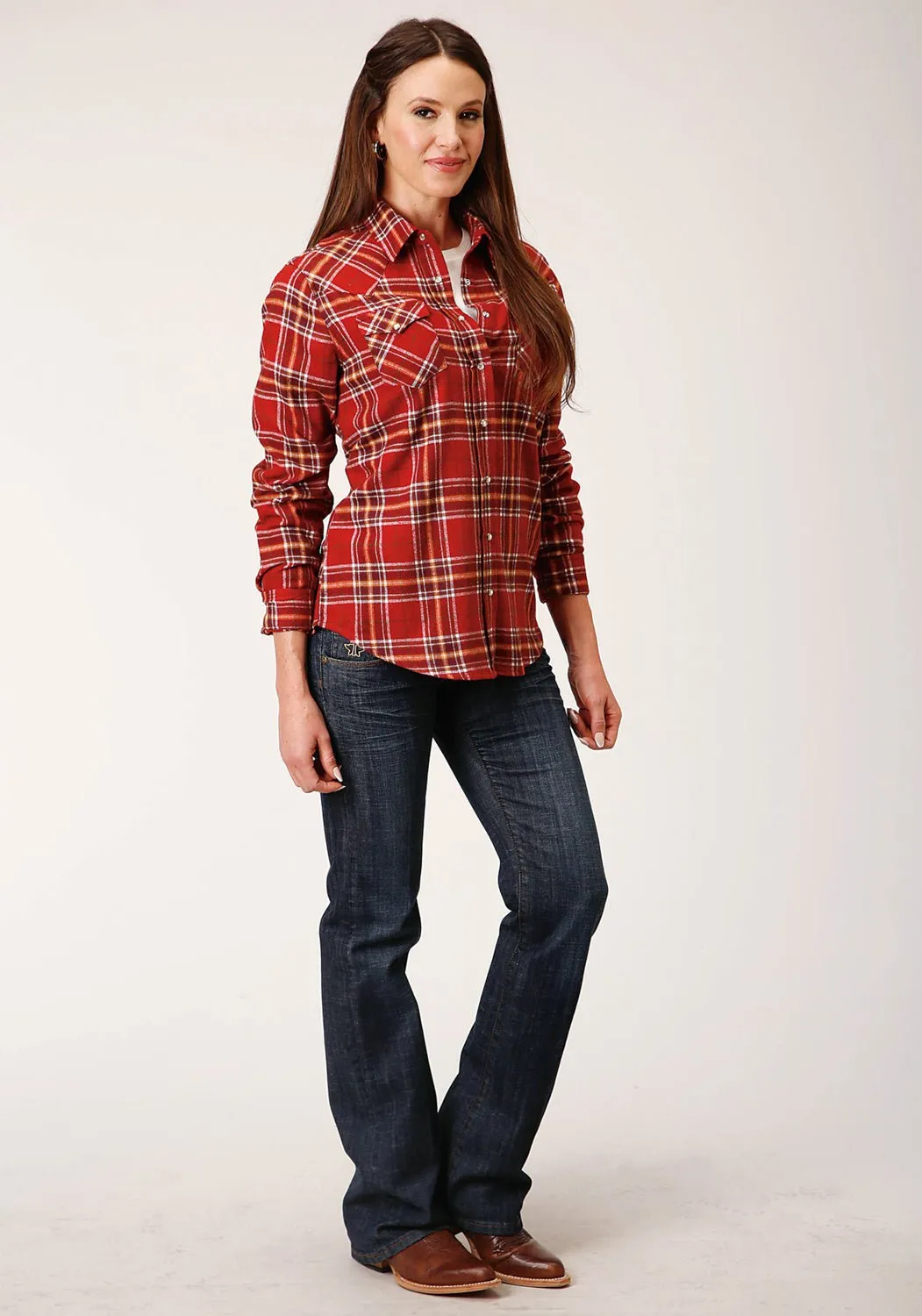 Neutral Tones Unisex Design Roper Womens Unlined Flannel Rust 100% Cotton L/S Shirt