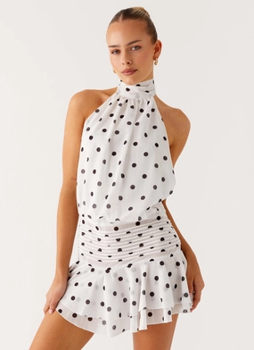Willow Chiffon Mini Dress - White Polka Dot Flawless Comfort Willow Chiffon Mini Dress - White Polka Dot Feminine Layers Classic Comfort