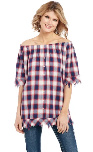 windproof Cowgirl Up Womens Red/Blue 100% Cotton Raw Edge Fringe Plaid Tunic S/S Cowgirl Up Womens Red/Blue 100% Cotton Raw Edge Fringe Plaid Tunic S/S Polished Style