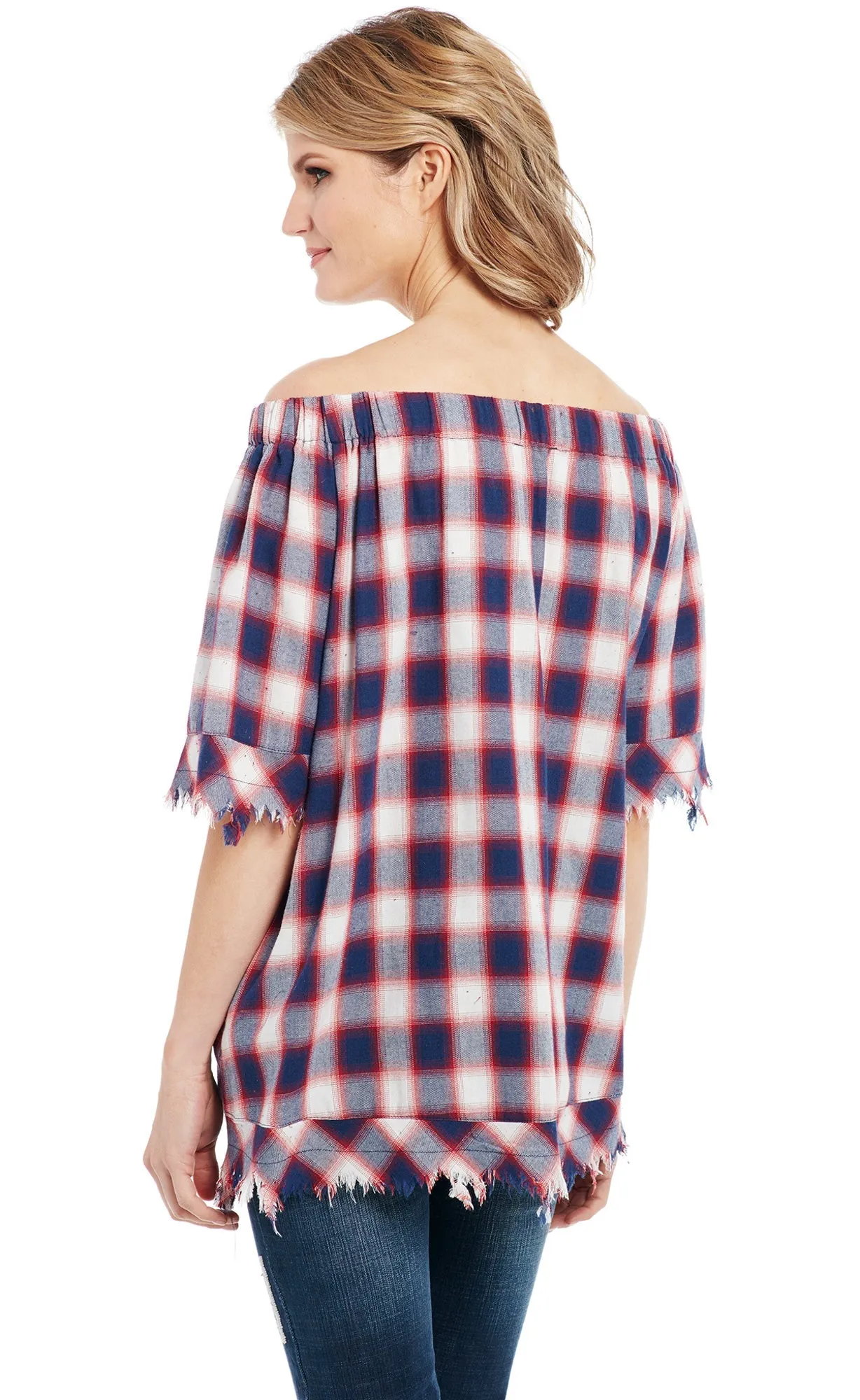 Tailored Silhouette Fitted Silhouette Cowgirl Up Womens Red/Blue 100% Cotton Raw Edge Fringe Plaid Tunic S/S
