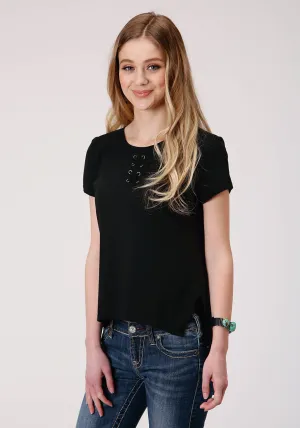 windproof Roper Womens Black Poly/Rayon Self Cross Straps S/S T-Shirt Roper Womens Black Poly/Rayon Self Cross Straps S/S T-Shirt Shimmer Effect Multi Layer Stitching