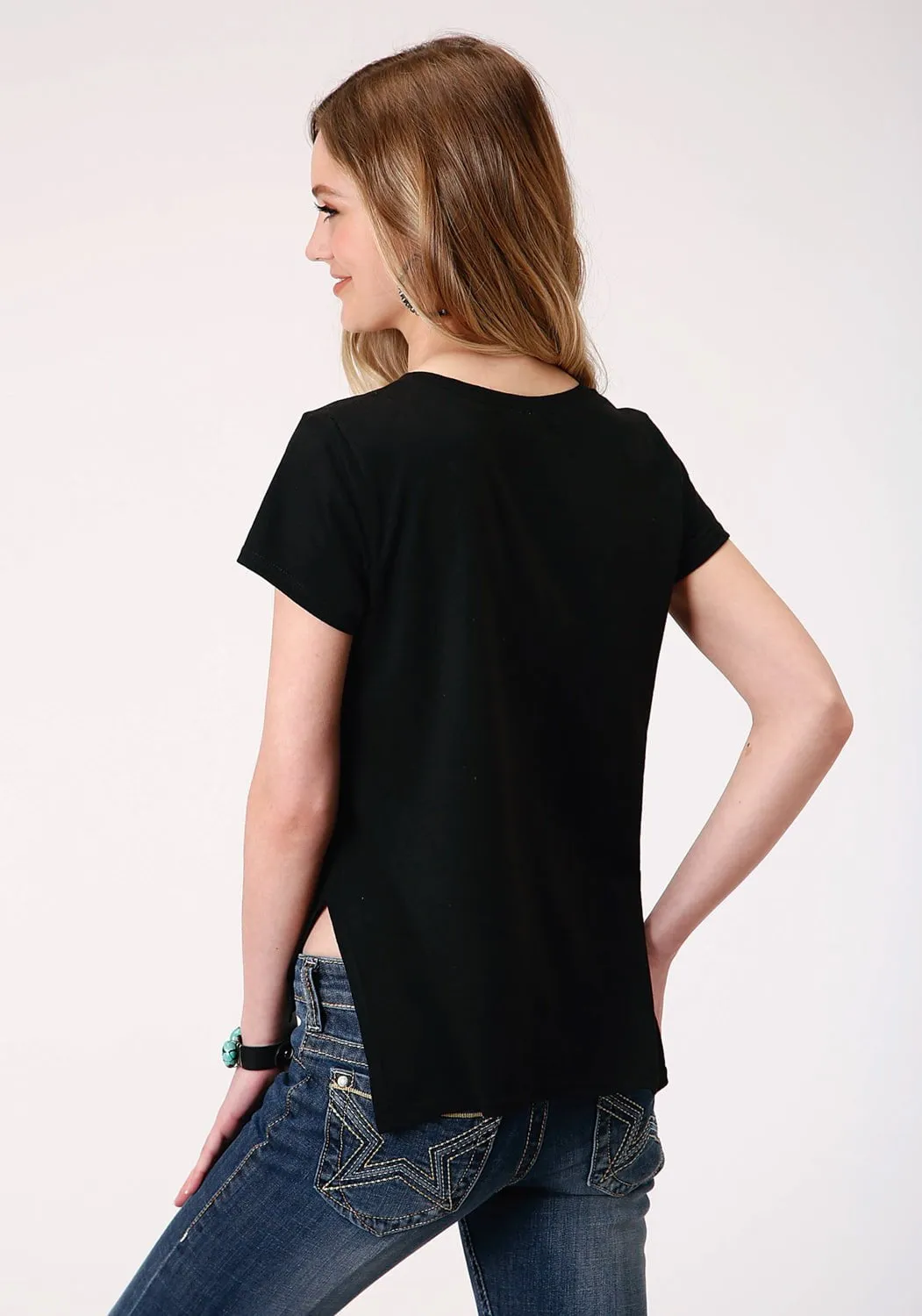 High-End Finish Pocket Detail Roper Womens Black Poly/Rayon Self Cross Straps S/S T-Shirt