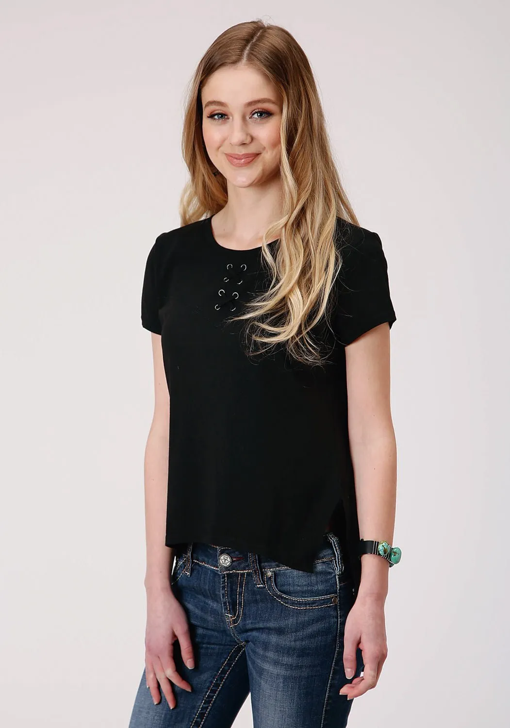 Roper Womens Black Poly/Rayon Self Cross Straps S/S T-Shirt Shimmer Effect Multi Layer Stitching