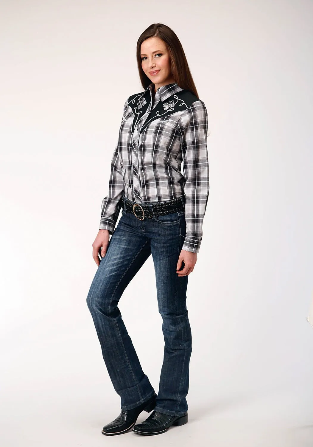Roper Womens Grey Plaid Black Cotton Blend L/S Shirt Classic Wardrobe