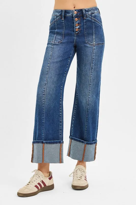 Fashion Lover Classic Wear Modern Minimalist Winnie High Rise Crop Wide Straight Cuffed Jeans