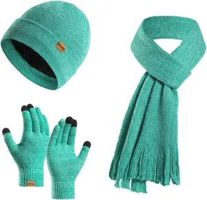 Winter Beanie Gloves and Scarf Set Thick Fleece Lined Knit Hat Thermal Gloves with Touchscreen Neck Warmer Long Scarves Solid