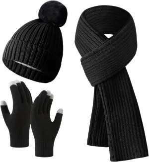 Winter Hat Gloves Scarf 3pcs Sets for Women Thermal Furry Fleece Lined Beanie Hat Neck Scarf and Touchscreen Gloves Suits
