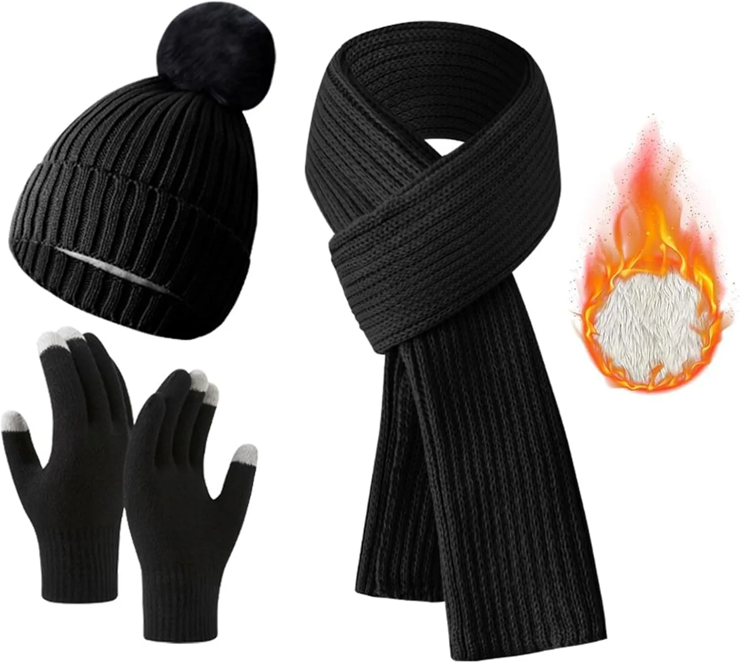 Winter Hat Gloves Scarf 3pcs Sets for Women Thermal Furry Fleece Lined Beanie Hat Neck Scarf and Touchscreen Gloves Suits